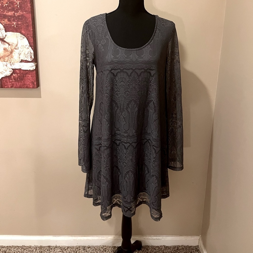 Altar’d State Gorgeous Boho Mini Grey Lace Dress with back tie, size XS